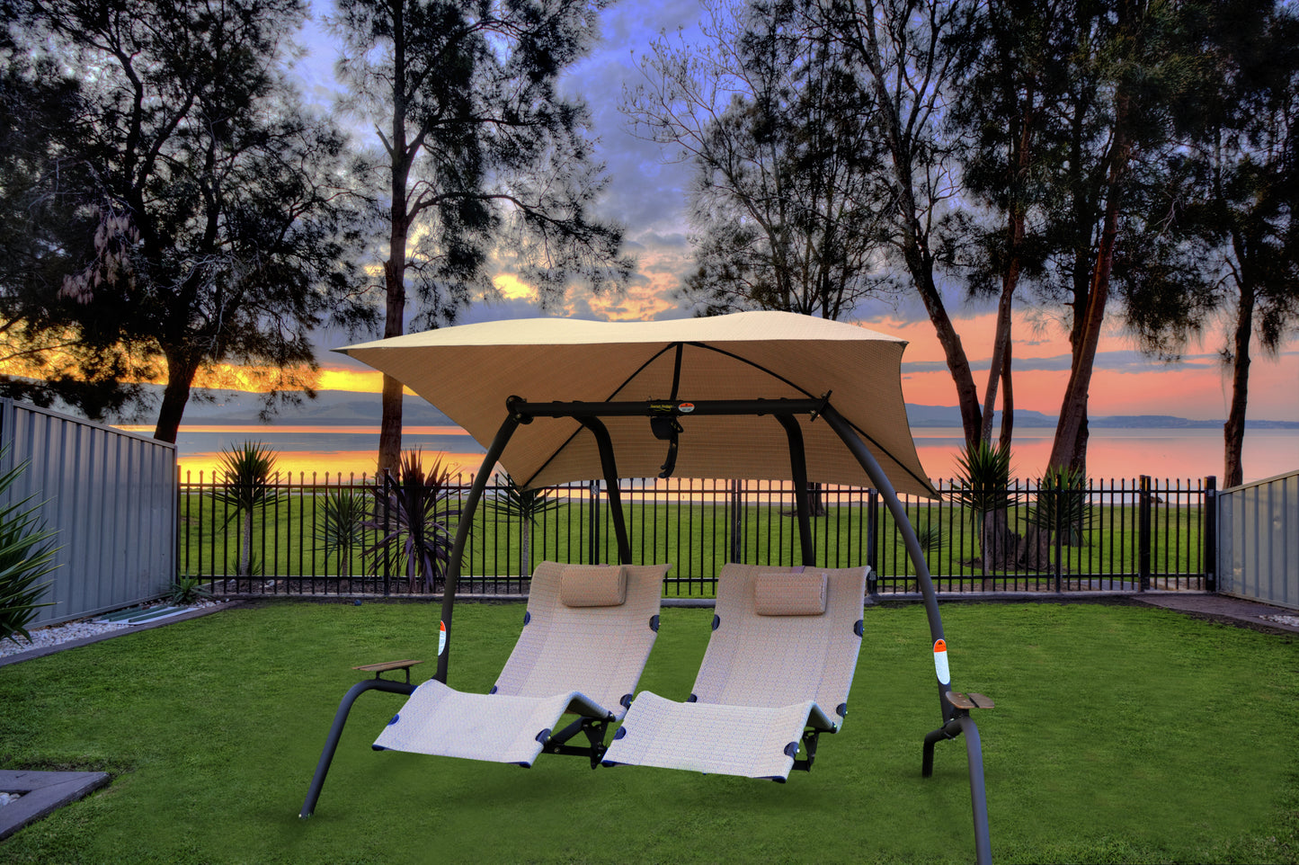 422L Dual Lounge Sunset Swing in Custom Color + Factory Mocha Fabric